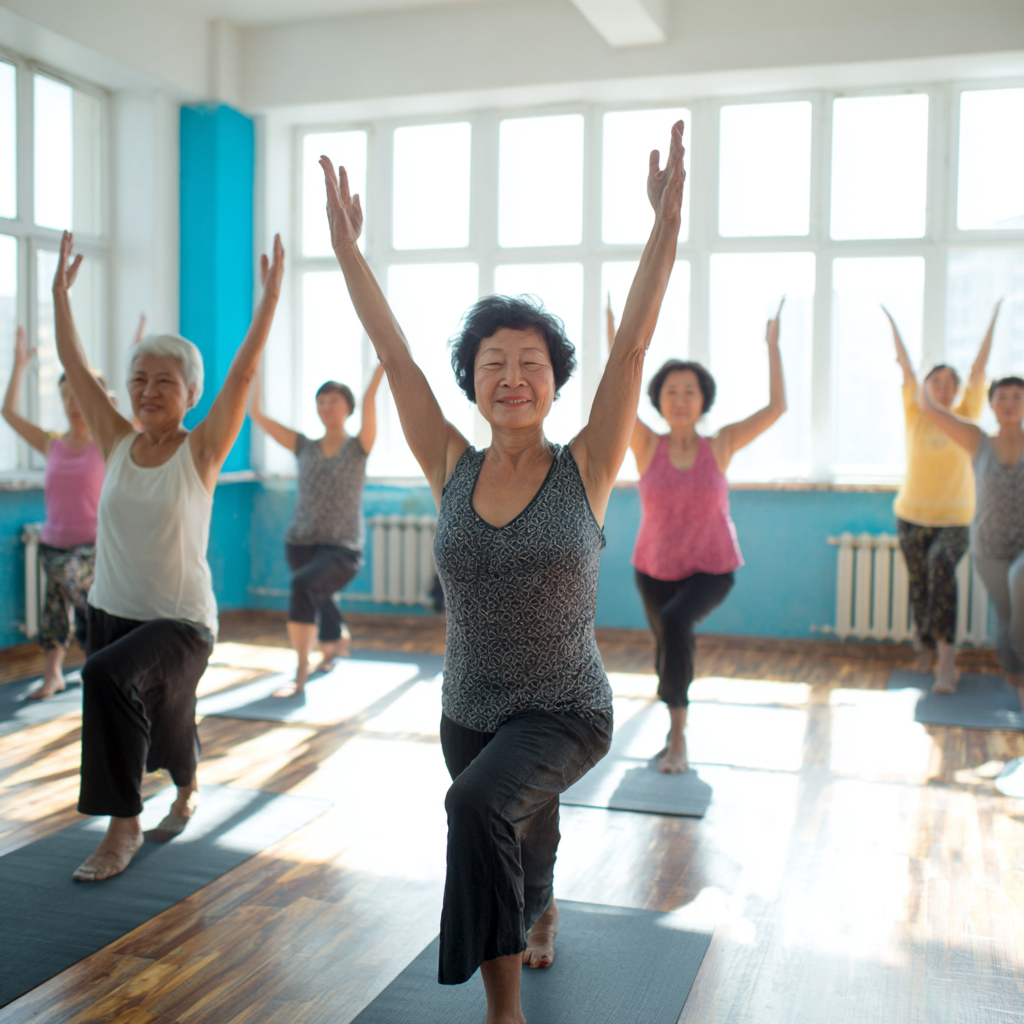 Группа взрослых людей казахской национальности различного возраста выполняют упражнения йоги в светлой студии, все улыбаются и находятся в позах асан