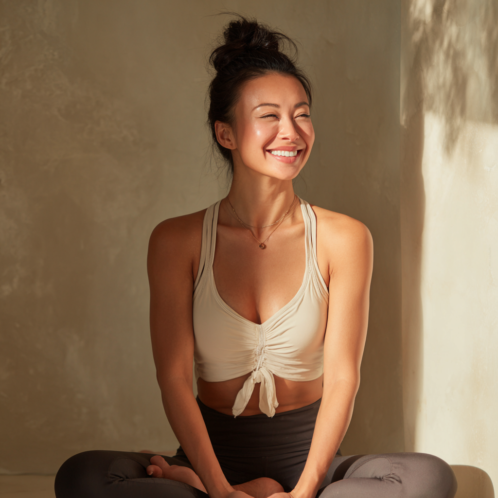 Группа взрослых людей казахской национальности выполняет дыхательные упражнения йоги в кругу, все сидят в медитативных позах с закрытыми глазами и улыбками на лицах