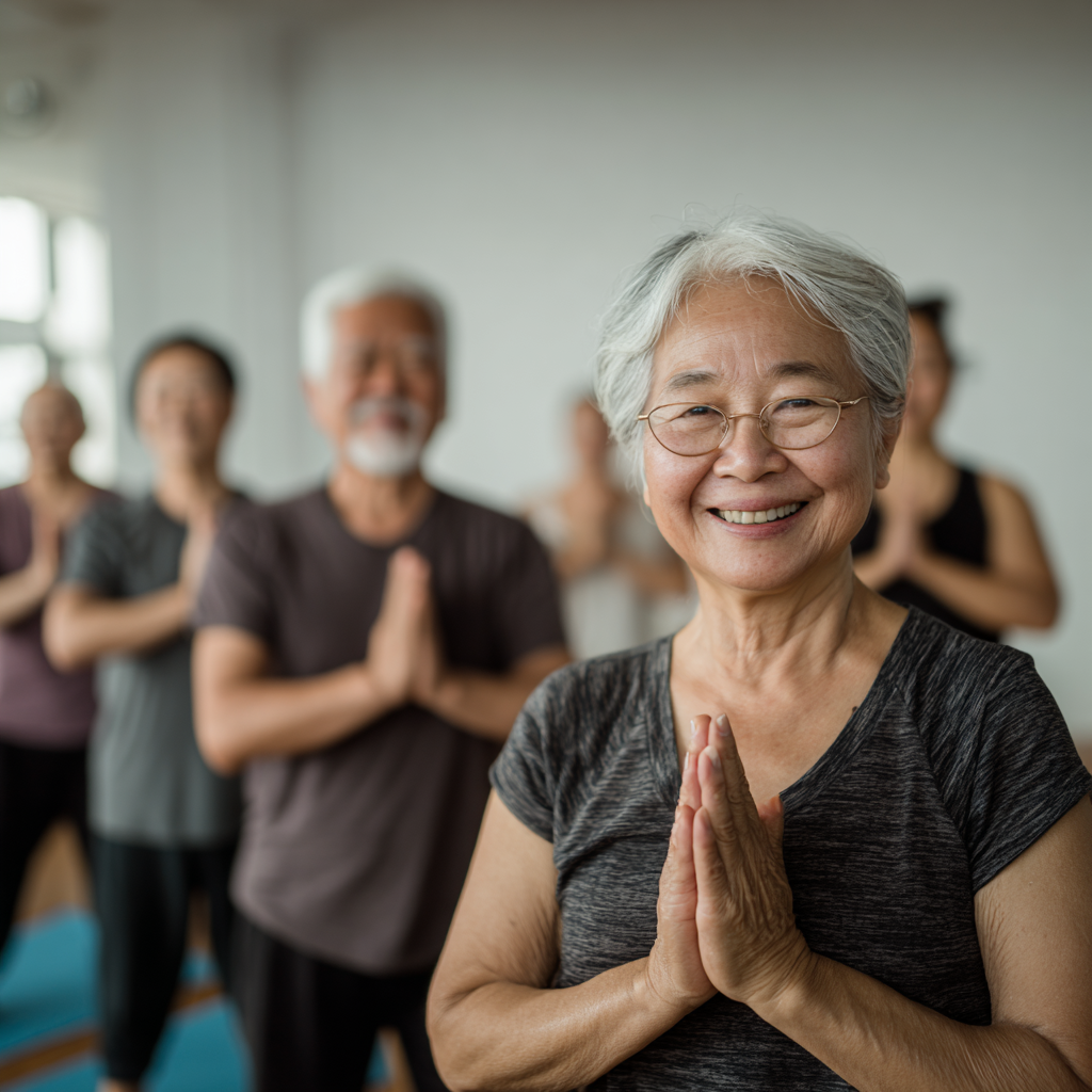 Взрослые люди казахской национальности разного возраста сидят в кругу на ковриках для йоги, выполняя дыхательные упражнения с поднятыми руками, все улыбаются в атмосфере спокойствия